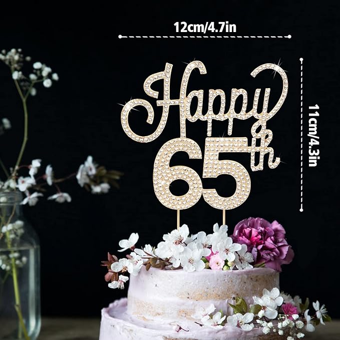 LINGTEER Happy 65th Birthday Gold Rhinestone Cake Topper - Cheers to 65th Birthday 65 Years Old Anniversary Party Cake Centerpieces Topper Decorations Gift Sign.