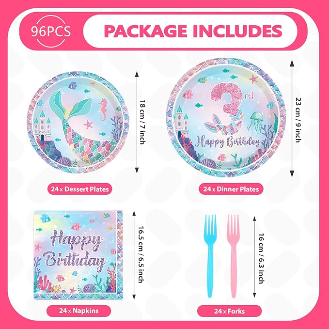 96Pcs Mermaid 3rd Birthday Party Decorations Mermaid 3rd Plates and Napkins Sets Under the Sea Theme 3 Years Old Decorations for Girls Boys Ocean Birthday Party Supplies Serves 24