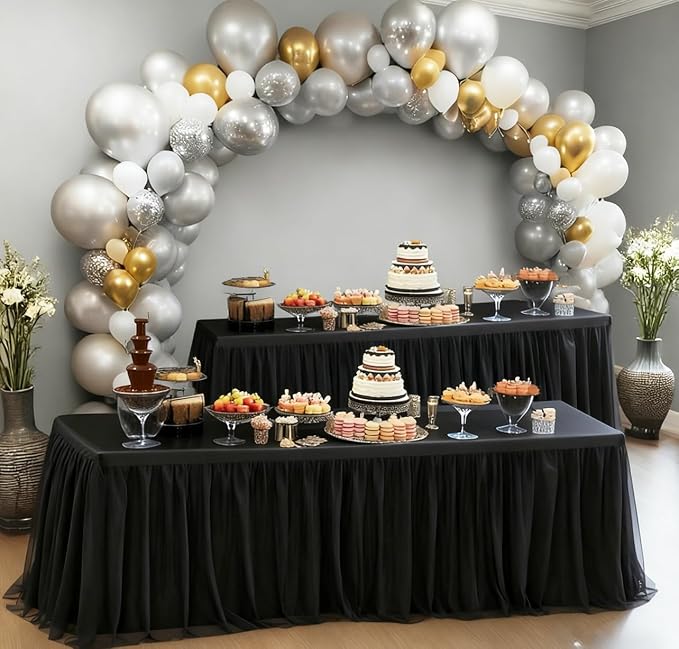 2-Pack Black 2-in-1 Tulle Tablecloth for 4-Foot Rectangular Table – Stretch Fitted Table Skirt & Cover for Baby Shower, Bridal, Birthday, Princess Party