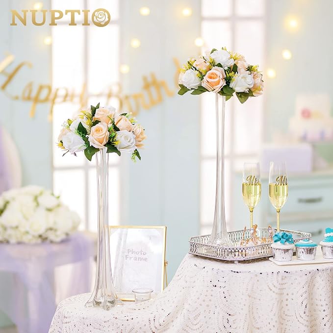 NUPTIO Flower Balls Wedding Table Centerpieces, Peachy Champagne & White | 10 Pcs 9.5 inch Artificial Rose Floral Bouquet Arrangement, for Bridal Shower, Birthday Party Decorations