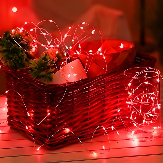 YEGUO Fairy Lights Battery Operated, 4 Packs Each 16ft 50 LED String Lights, Christmas Lights Indoor for Bedroom Wedding Party Holiday Gift(Red)