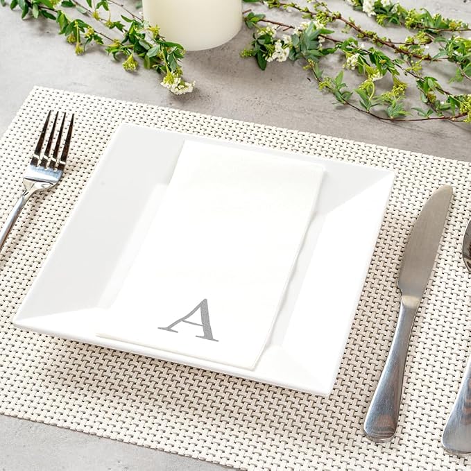 Luxenap 15.8 X 7.9 Inch Linen-Feel Guest Towels, 50 Lettered Hand Towels - Silver Letter 'A', Sans Serif Font, White Paper Dinner Napkins, airlaid, For Restrooms And Tables - Restaurantware