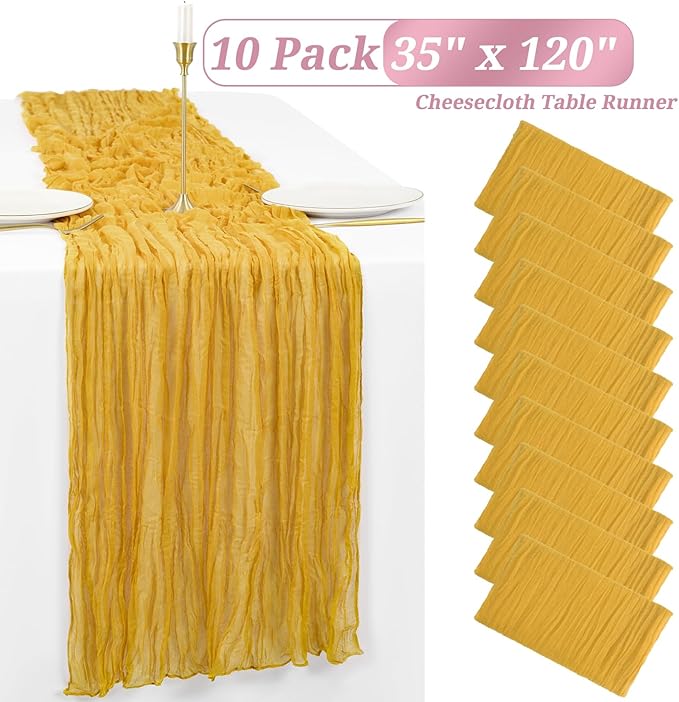 Showgeous 10 Pack Mustard Cheesecloth Table Runner Gauze Table Runner 10FT Long Semi-Sheer Table Runner Boho or Rustic Wedding Table Decor for Wedding Decor Arch Draping Bridal Shower Holiday Party
