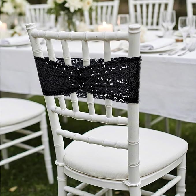 Poise3EHome Black Sequin Chair Sashes 100 Pack,Folding Chair Cover Bands for Wedding Party Ceremony Banquet Decorations