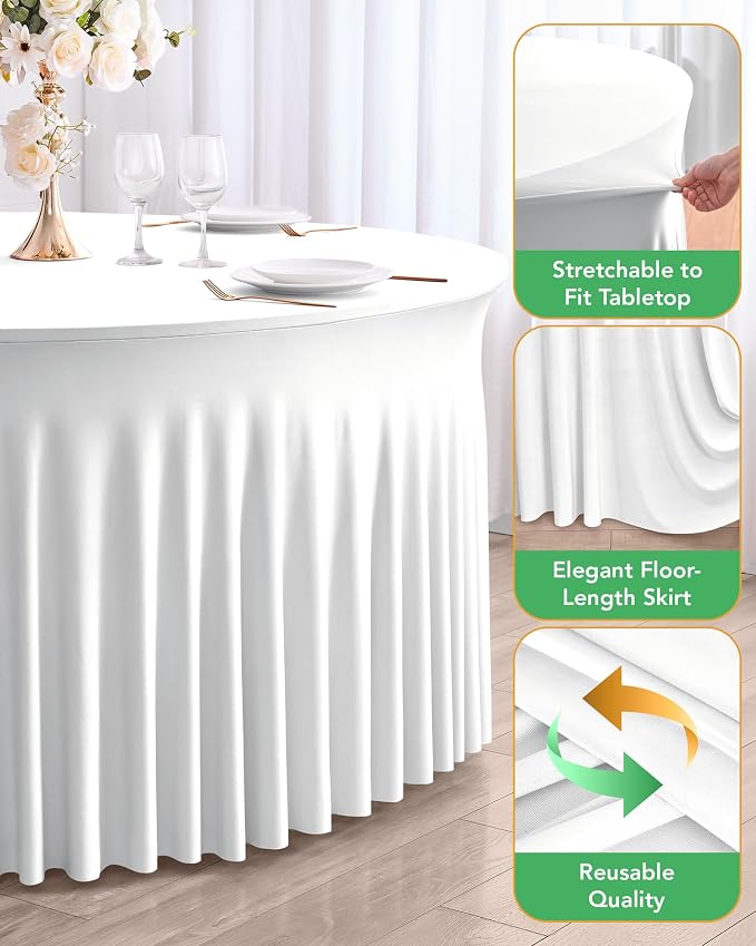 6 Pack Spandex Table Cover Skirts for 60 inch Round Tables, White Stretch Table Cloths with Floor-Length Ruffle, Elastic Fitted Skirted Tablecloth for Elegant Wedding Banquet Party Buffet Decoration