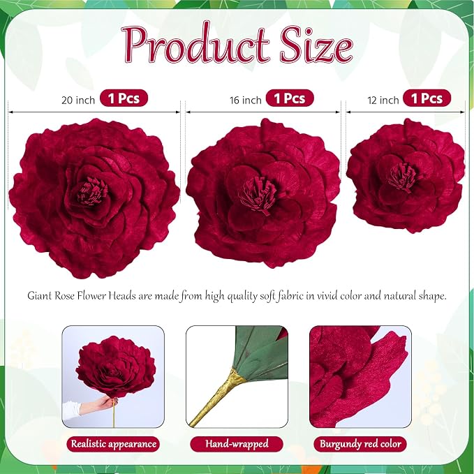 Norme 3 Pcs Artificial Giant Flowers for Decoration 12, 16, 20 Inch Wedding Large Rose Petals Giant Flowers Large Burgundy Red Rose for Home Decor, Anniversary Birthday Valentine's Day