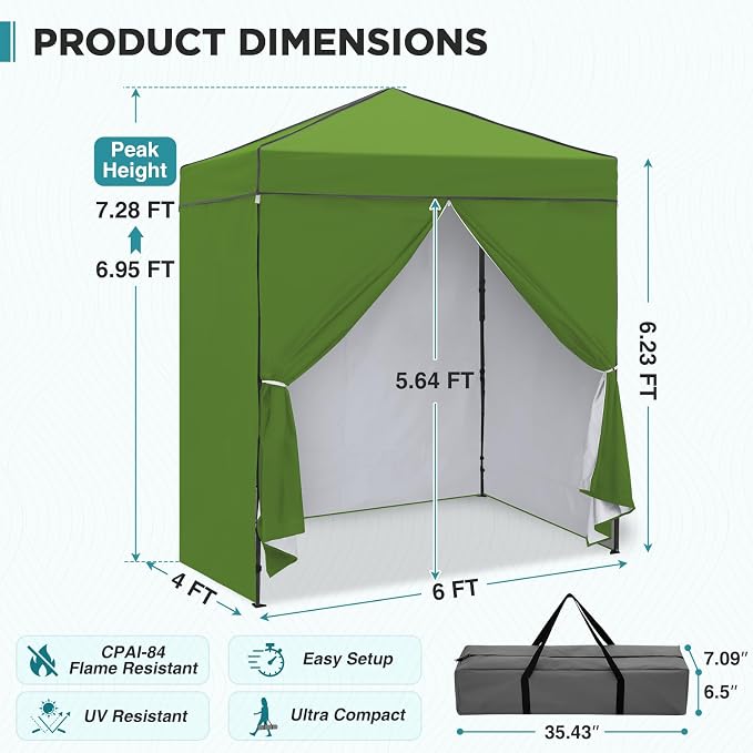 EAGLE PEAK 6x4 Instant Pop Up Canopy Tent with 4 Side Wall Panels, Straight Leg Sun Shelter, Portable Canopy with Carry Bag for Camping, Beach & Sports, Grass Green