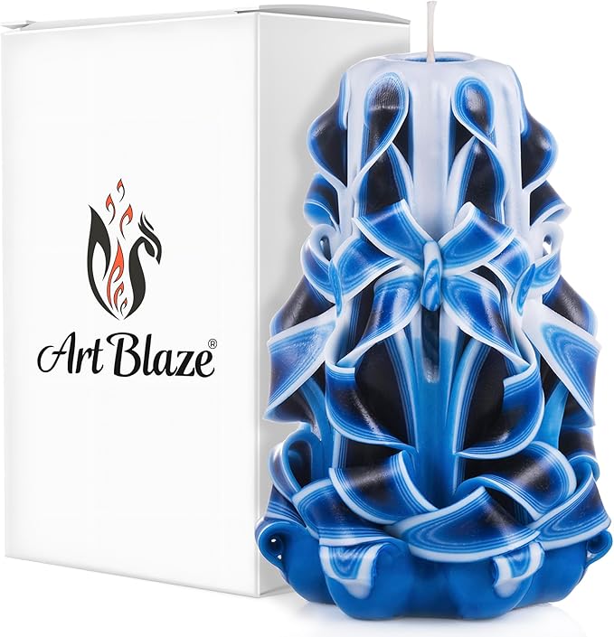 Carved Candles - Handmade Decorative Large Candle – Tall Long Burning Cute Spiral Candles for Women – Table Candle for Home Decor, Cozy Cottage Core Gift - Christmas Gift for Mom - Blue