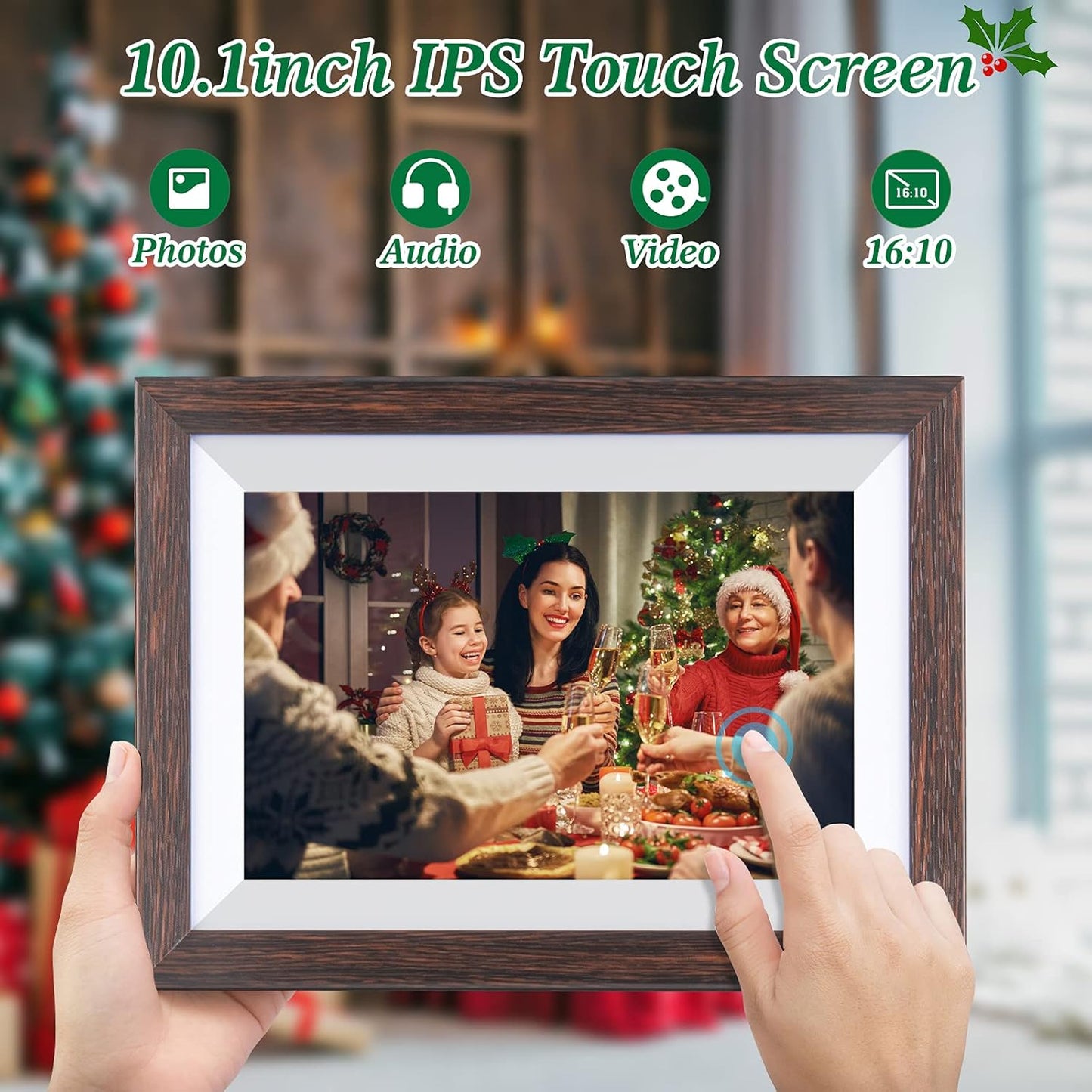 Frameo-Digital-Picture Frame 10.1 Inch Electronic-Digital Photo Frame with IPS Touch Screen HD Display, Smart WiFi Photos or Videos Farme via Free Frameo APP (Brown Wood Frame)