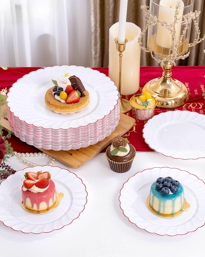 YOUBET 60PCS Red Scalloped Plastic Plates - Heavy Duty White and Red Rim Disposable Plates include 30 Hard Dinner Plate, 30 Dessert Plate for Party & Wedding