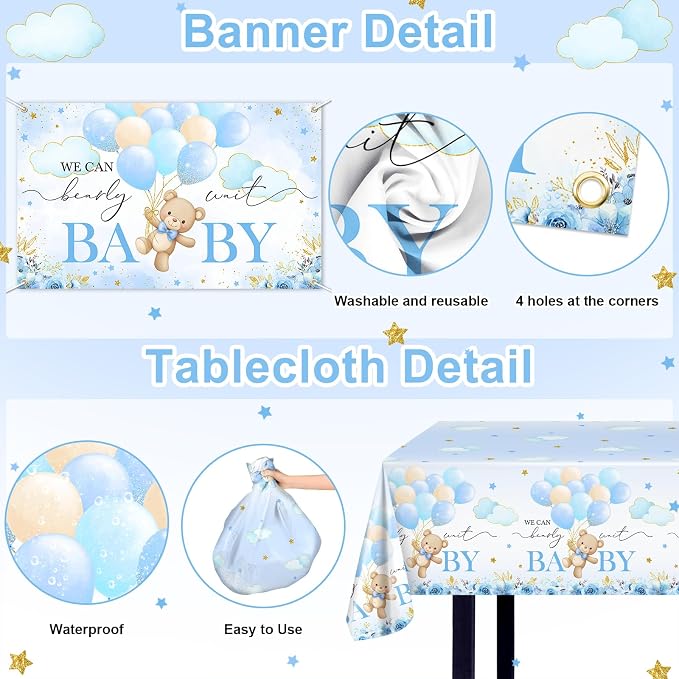 270 Pcs Blue Bear Baby Shower Decorations: We Can Bearly Wait Baby Shower Banner Disposable Plates Napkins Cups Tablecloth Balloons for Boy Serve 24