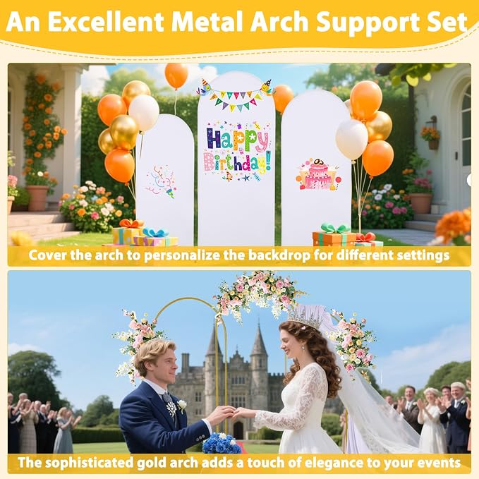 Arch Backdrop Stand and Cover Set of 3, 7.2ft 6.6ft 6ft Metal Arch Backdrop Stand with Spandex White Back Drop Covers Balloon Arch Kits, Gold Arch Stand Frame for Wedding Birthday Party Baby Shower
