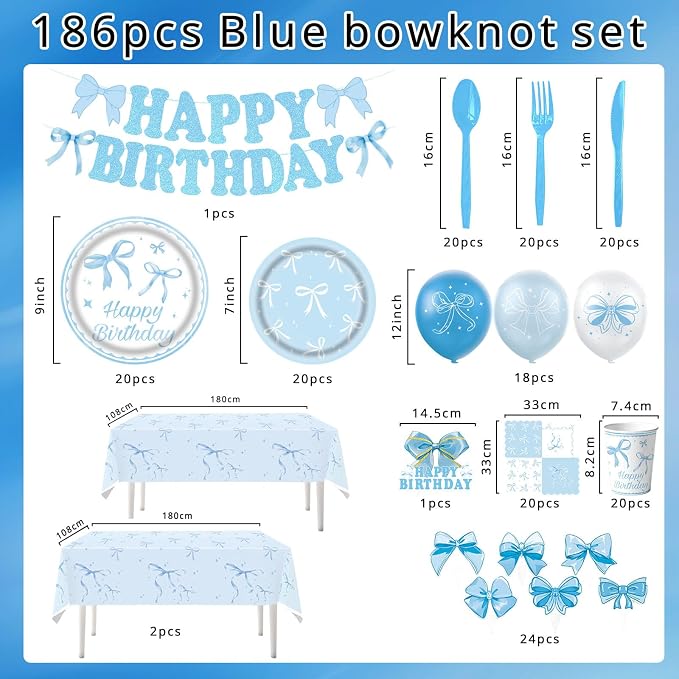 186pcs Blue Birthday Party Supplies – Bow Knot Theme Disposable Tableware Kit with Happy Birthday Banner, Balloons, Plates, Cups, Utensils & Napkins for Girls Boys Party Decorations, Serve 20