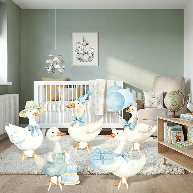 5Pcs Silly Goose Baby Shower Decorations, Blue Large Goose Cardboard Cutout Standup, Geese Birthday Party Sign for Photo Booth Props Backdrop Garden Entrance Decor Cartoon Party Supplies