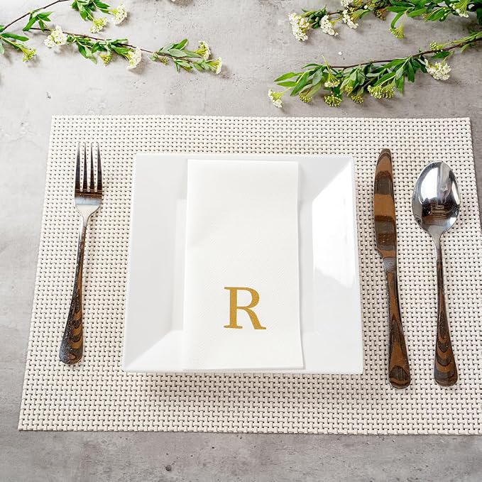 Luxenap 15.8 X 7.9 Inch Linen-Feel Guest Towels, 2000 Lettered Hand Towels - Gold Letter 'R', Sans Serif Font, White Paper Dinner Napkins, airlaid, For Restrooms And Tables