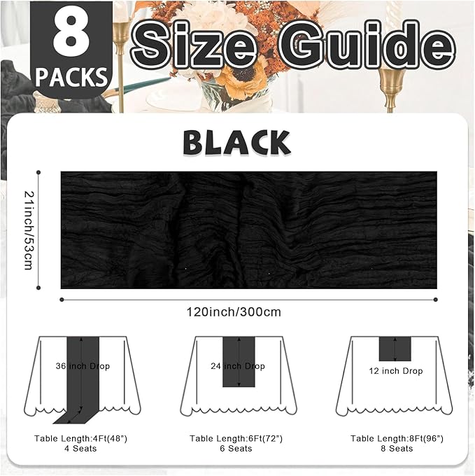 8 Pack Black Cheesecloth Table Runner 21x120 Inch Gauze Table Runners Reusable Polyester 10ft Boho Rustic Cheese Cloth Table Runner for Wedding Party Baby Shower Birthday