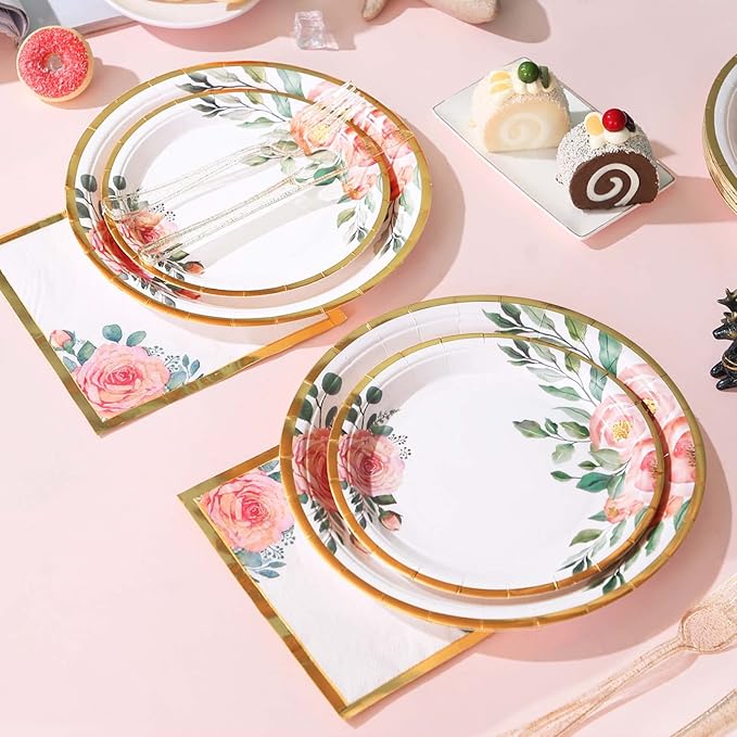 350PCS Floral Paper Plates Set, Disposable Plates With Gold Rim Serve 50 Guests, Party Supplies for Adults Garden Tea Party Bridal Shower Decorations