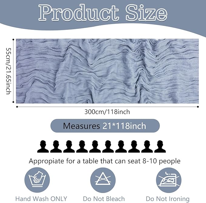 10 Pack Dusty Blue Cheesecloth Table Runner 10FT Boho Gauze Fabric Cheese Cloth Table Runners for Wedding ,Party,Baby Shower, Bridal Party, Rustic Farmhouse and Table Decorations