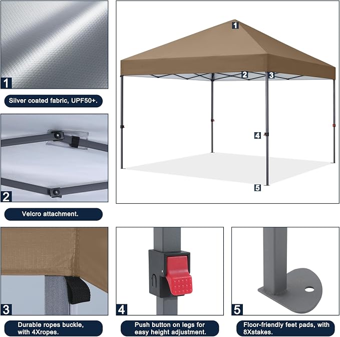COOSHADE Durable Instant Canopy 10x10Ft (Khaki) - UPF 50+ Sun Protection - Waterproof & Flame Retardant - Perfect for Outdoor Activities