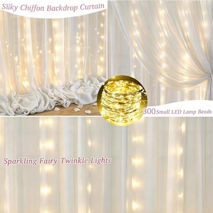 10ft x 10ft Cream White Chiffon Backdrop Curtain with Lights String for Parties,2 Panels Sheer Tulle Curtain Wedding Backdrop for Baby Shower Birthday Party Ceremony Reception Home Decorations