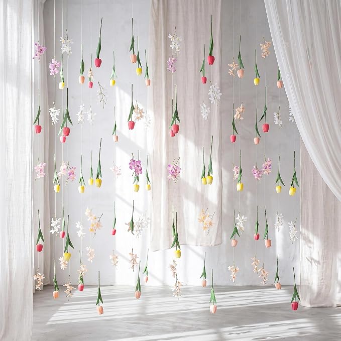 6 Pcs 35.4ft Artificial Tulips Hanging Flower Garlands with Hooks, Spring Faux Tulip and Wildflower Ceiling Vines, Mixed Colors Floral Backdrop for Wedding Party Home Wall Arch Decor