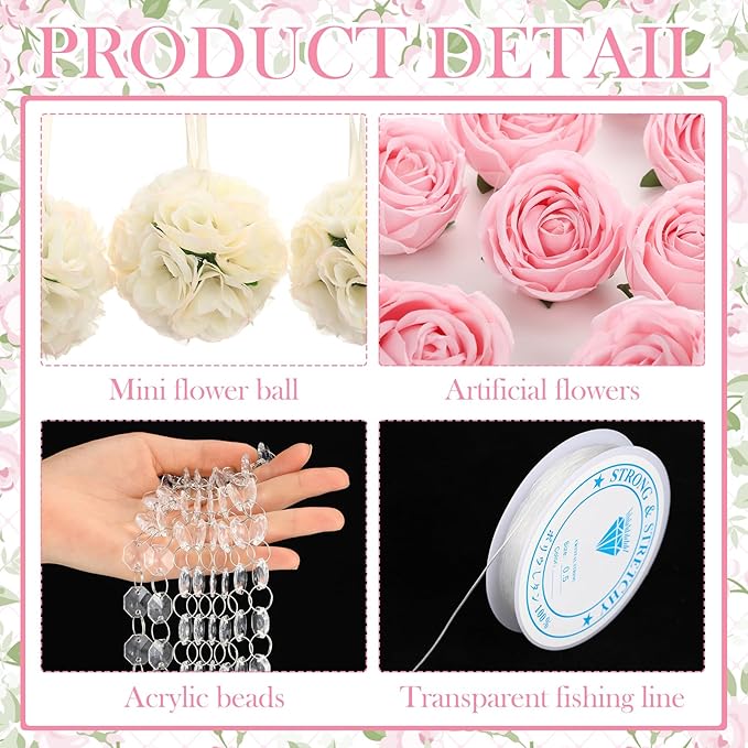 19 Pack Wedding Hanging Centerpiece Set Acrylic Crystal Garland Flower Kissing Balls Artificial Rose Crystal Gems Bead Garland Strands and Thread for Wedding Engagement Party Tree Decorations