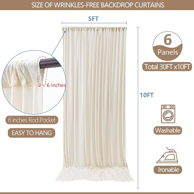 30x10ft Wrinkle Free Ivory Backdrop Curtain for Parties Soft Fabric Drapes Wedding Ivory Curtain Backdrop for Birthday Party Decorations Background for Photography 5x10ft,6 Panels