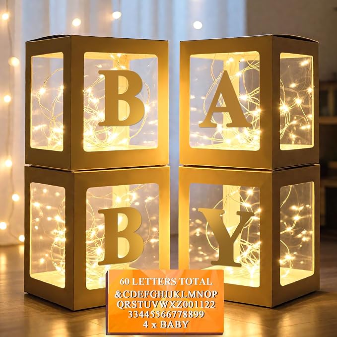Ledido Baby Boxes with Letters for Baby Shower Decorations, 4 Pcs Transparent Balloon Boxes Blocks with Fairy String Lights, Clear Balloon Boxes for Boy Girl Gender Reveal 2026 HOCO Party Decor (Gold)