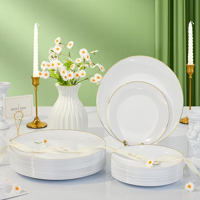 Bestluck 175PCS White Plastic Dinnerware Set, White Plastic Plates for 25 Guests, Include 50 White Gold Plates with 75 Plastic Cutlery, 25 Napkins and 25 Cups
