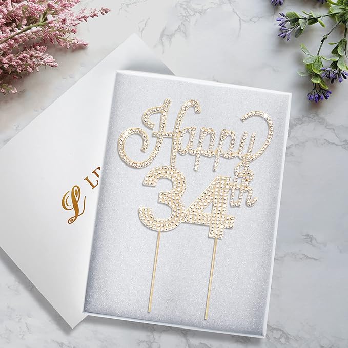 LINGTEER Happy 34th Birthday Gold Rhinestone Cake Topper - Cheers to 34th Birthday 34 Years Old Anniversary Party Cake Centerpieces Topper Decorations Gift Sign.