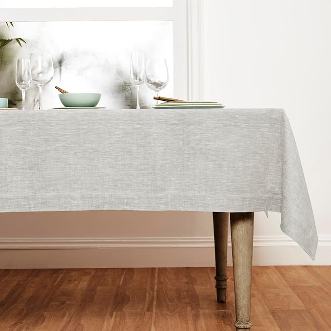 Solino Home Linen Tablecloth 60 x 132 Inch - 100% Pure Linen Oyster Grey Table Cloth for Rectangle Tables - Athena, Machine Washable Tablecloth for Summer