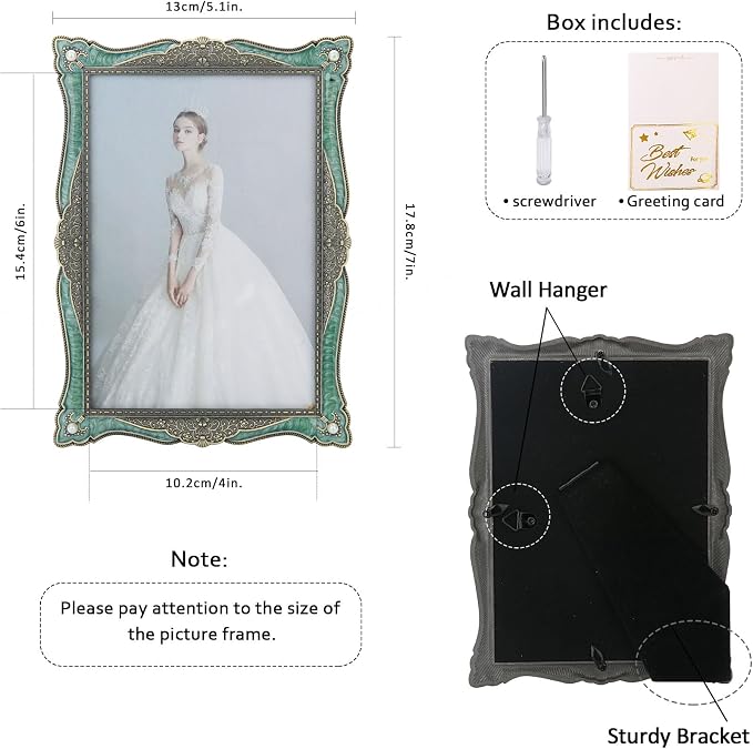4x6 Vintage Picture Frame Green Metal Emerald Antique Brass Pearl Photo Frame Retro Home Decor, Clear Glass Front, Unique Gifts for Women Wedding Mothers Day, Horizontally & Vertically