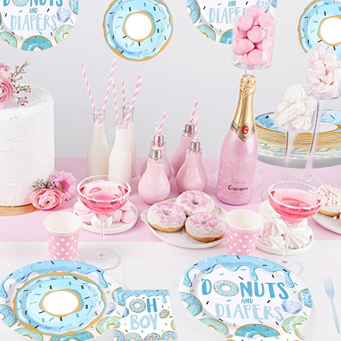 96Pcs Donut Baby Shower Decorations for Boy Blue Donut Party Plates and Napkins Disposable Donuts and Diaper Paper Tableware Set for Boys Donuts Theme Baby Shower Party Supplies, Serves 24