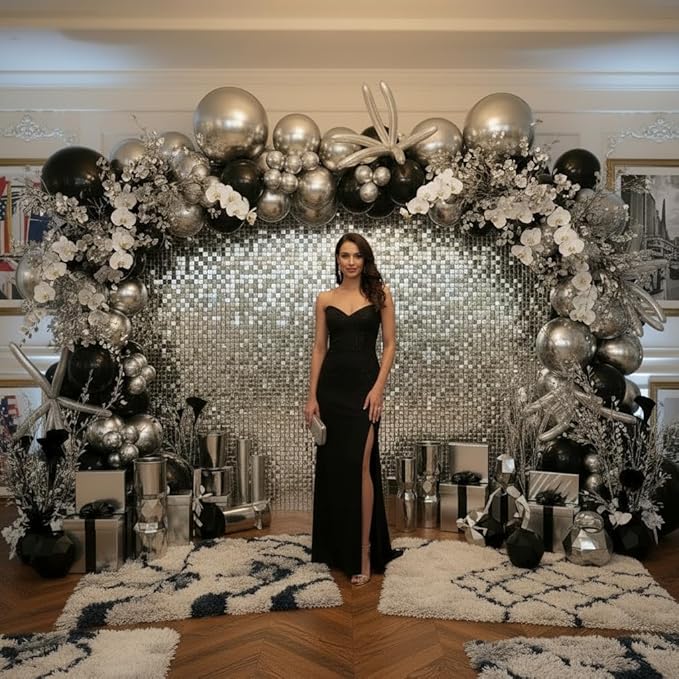Silver Shimmer Wall Backdrop 48 Panels Cover 8 x 6 Ft, Photo Backdrops for Wedding,Anniversary,Birthday,Party Decoration