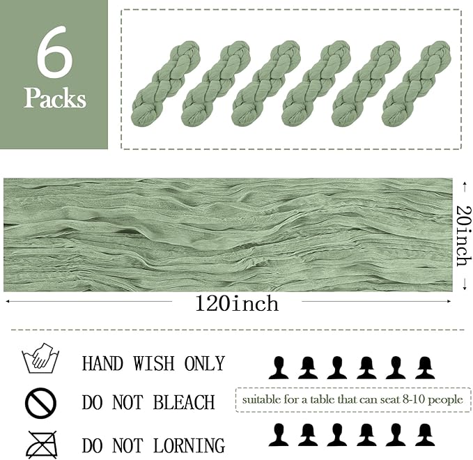 6 Pack Sage Green Cheesecloth Table Runner 20 x 120 inch Gauze Table Runners 10 FT Long,Semi Sheer Boho Cheese Cloth Fabric Table Runner Bulk for Wedding,Party,Baby Shower,Bridal Shower Decoration