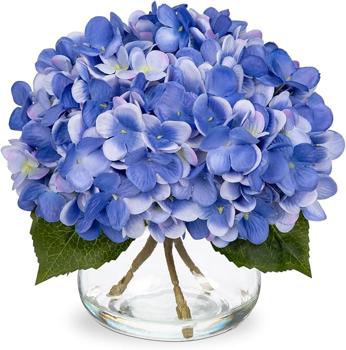 Hollyone Blue Hydrangea Artificial Flowers with Vase Silk Blue Hydrangeas Fake Flowers Arrangements Floral Bulk Bouquet in Glass Vase with Faux Water for Bathroom Table Centerpiece Home Decorations