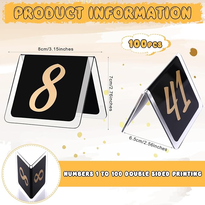 Suzile Table Numbers 1-100, 100-piece Double Sided Gold Acrylic Table Number Tents, 3.15" x 2.75" Number Signs for Receptions, Banquets, Restaurants, and Wedding(Black and Gold)
