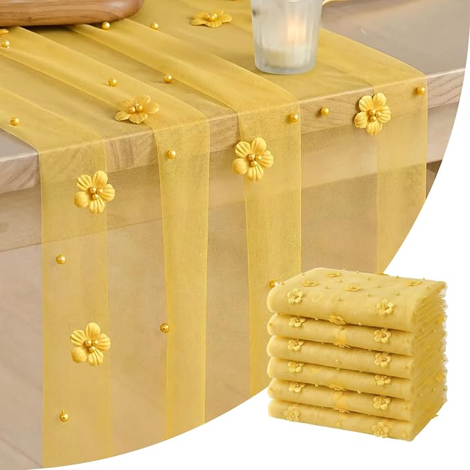 Artoid Mode Yellow Flower Pearl Yellow Gauze Table Runner 10FT 6PC, Seasonal Sheer Dining Holiday Wedding Birthday Baby Shower Table Decor for Home Party