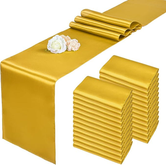 24 Pack Gold Satin Table Runners,12 x 108 Inch Long Table Runners for Rectangle Round Tables, Smooth Satin Table Runner for Wedding, Birthday Party Banquets Decoration