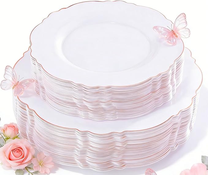WDF 100pcs Rose Gold Plastic Plates-Baroque White &Rose Gold Disposable Plates including 50Plastic Dinner Plates 10.25inch,50Salad Plates 7.5inch for Wedding/Parties/Mother's Day