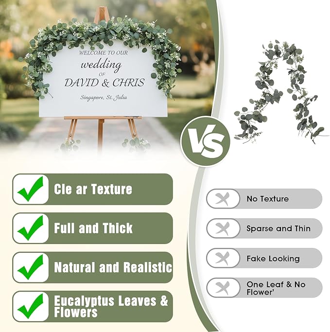 8 Pcs 5.9Ft Eucalyptus Garland, Artificial Eucalyptus Leaves with Flowers Faux Table Greenery Garland Fake Wreath Vines Decoration for Centerpiece, Wedding, Arch, Wall, Stair, Party