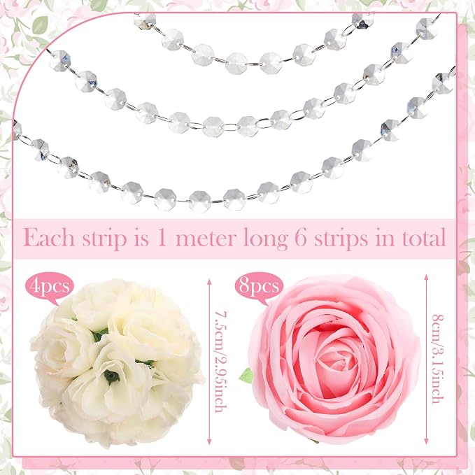19 Pack Wedding Hanging Centerpiece Set Acrylic Crystal Garland Flower Kissing Balls Artificial Rose Crystal Gems Bead Garland Strands and Thread for Wedding Engagement Party Tree Decorations