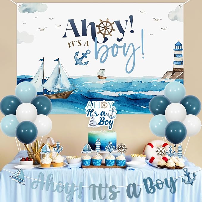 Ahoy Its A Boy Baby Shower Decorations Ahoy It's A Boy Backdrop Banner Nautical Baby Shower Cake Topper Ocean Navy Theme Party Sailor Birthday Ocean Sailing Sailboat Lighthouse Decor
