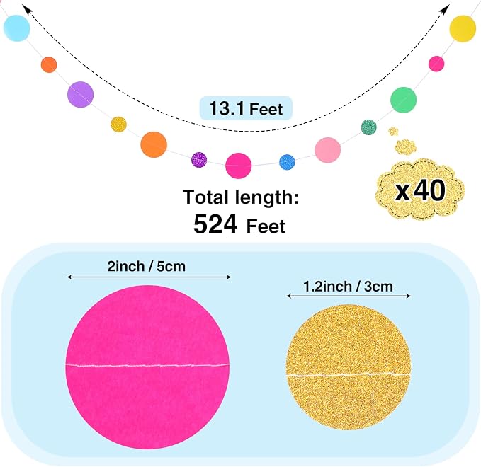 Outus 40 Pieces Colorful Circle Garland Banner Hanging Paper Dot Decorations for Classroom, Birthday Party, Baby Shower, Wedding Backdrop & Photo Booth Graduation Decor (Rainbow)