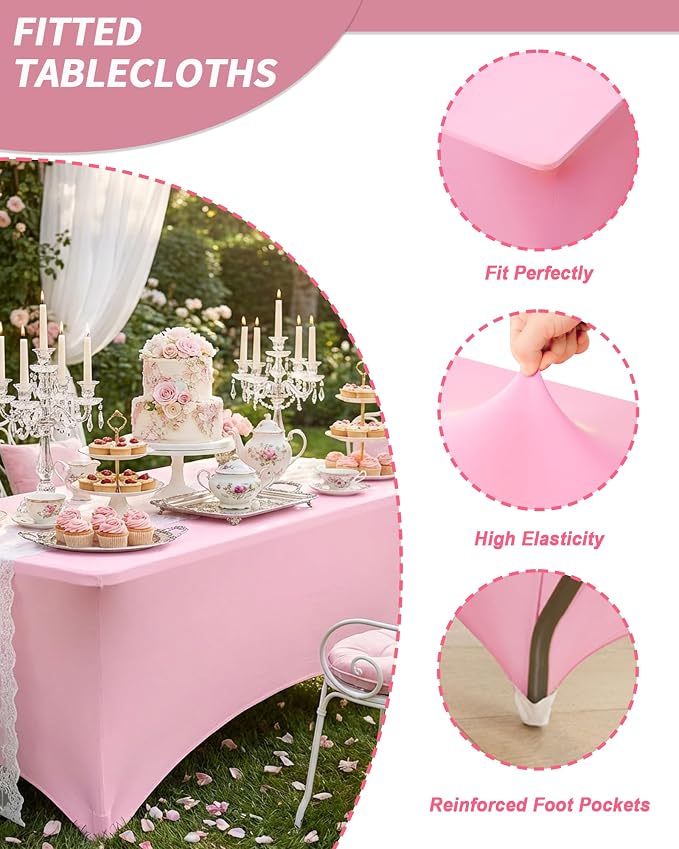 Fixwal 3 Pack Pink Tablecloth Rectangle 8Ft, Stretch Spandex Fitted Table Cover for Party, Trade Show, Wedding, Buffet, Graduation, Vendor Stand