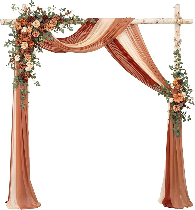 Ling's moment Wedding Arch Flowers with Drapes Kit-Pack of 5, 2pcs Flower Arrangements 3pcs Sheer Hanging Drapes Ceremony Arbor Backdrop Artificial Rose Floral Decor, Terracotta & Burnt Orange