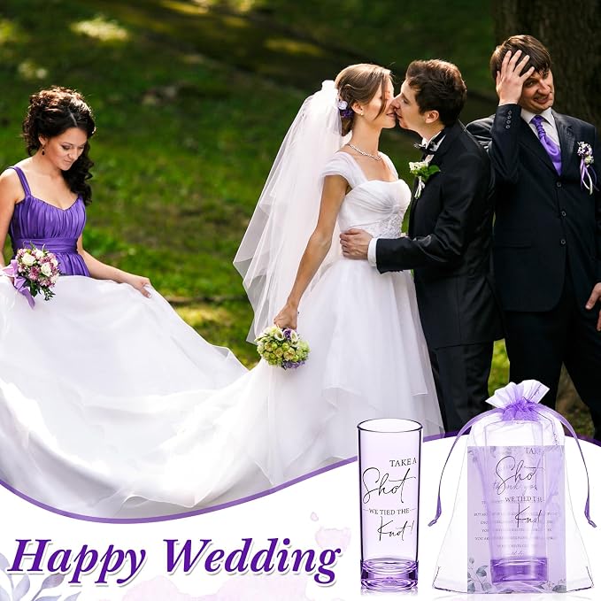 Sliner 100 Set Wedding Favors for Guests Bulk 2oz Acrylic Take a Shot We Tied the Knot Shot Glasses with Thank You Cards Organza Bags for Guest Souvenir Wedding Bridal Shower Gifts (Purple,Black)