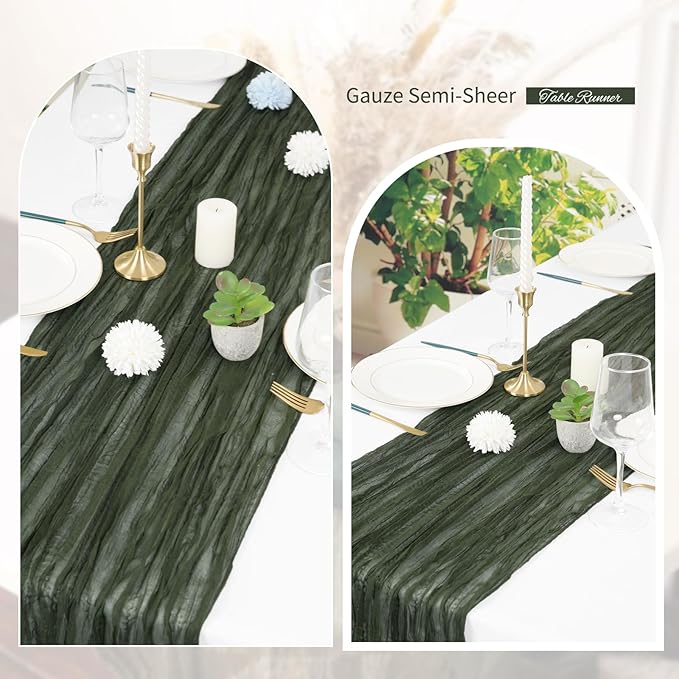 Showgeous 6 Pack Deep Green Cheesecloth Table Runner Gauze Table Runner 10FT Long Semi-Sheer Table Runner Boho or Rustic Wedding Table Decor for Wedding Decor Arch Draping Bridal Shower Holiday Party
