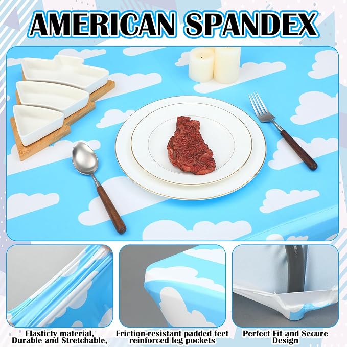 Frienda 4 Pcs Cartoon Story Tablecloth Birthday Party Supplies Spandex Stretch 71 x 30'' Cow Pattern Theme Sky Cloud Tablecloth Rectangle Cartoon Table Cover for Baby Shower Birthday Party Decoration