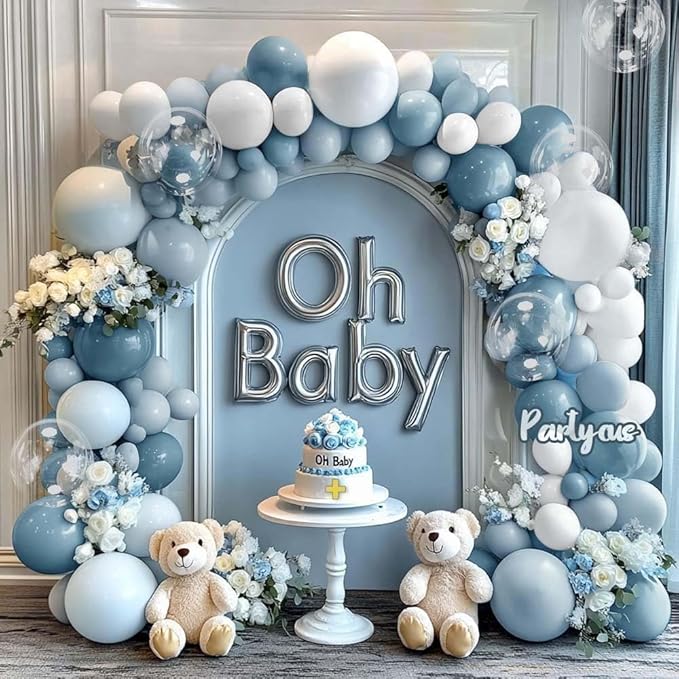 Dusty Blue White Balloon Arch Kit Double Stuffed Pastel Slate Blue White Matte Latex Balloon Garland for Baby Shower Birthday Bridal Wedding Mothers Day Party